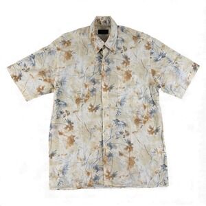 Riscatto Portofino Shirt Mens M Beige Blue Leaf Linen Button Down Made in Italy